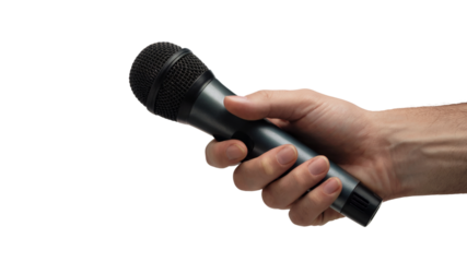Hand holding microphone in isolated view . Isolated on transparent background, png