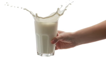 splashing milk in a clear glass held by hand. Isolated on transparent background, png