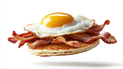 Delicious breakfast of pancakes, fried egg, and crispy bacon on a white background. appetizing breakfast features fluffy pancakes topped with a fried egg and savory bacon strips.
