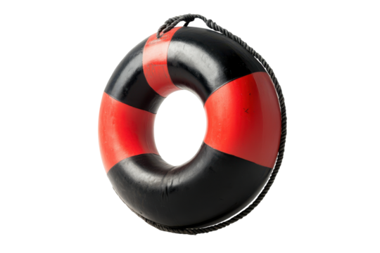Red and black inflatable life preserver ring isolated on transparent background. Red and black marine buoy isolated on white background.