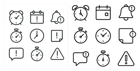 Time management icons set – outline, linear, clocks and reminders symbols