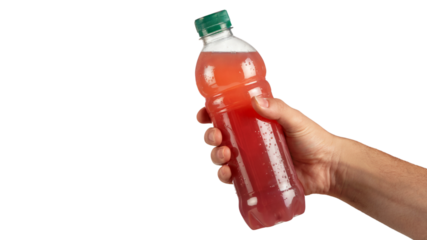 hand holding a bottle of refreshing drink. Isolated on transparent background, png