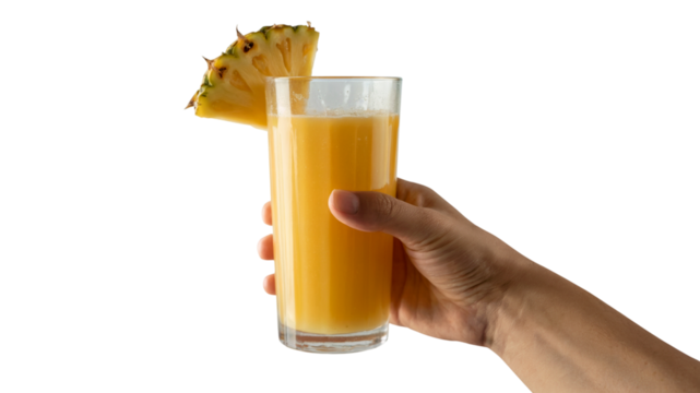 hand holding glass of fresh pineapple juice with pineapple slice. Isolated on transparent background, png
