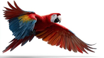 Obraz premium A vibrant parrot with colorful feathers is flying gracefully against a white background, showcasing its majestic wings and striking plumage.