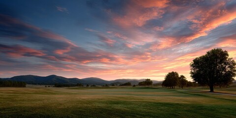 Fototapeta premium A scenic landscape featuring rolling hills, a vibrant sunset, and a lush green field with scattered trees under a dramatic sky.