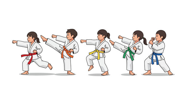 Karate Kids in Action: A group of young karate practitioners, each adorned with a different colored belt, execute dynamic martial arts moves with focused determination.