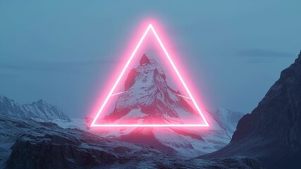 Glowing neon triangle moving over snow-capped mountain range, surreal landscape animation for digital art concept - Powered by Adobe