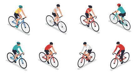Naklejka premium Set of isometric cyclists in various riding poses on road bikes