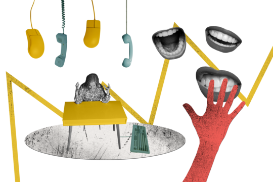 Composite trend artwork image collage of workspace office manager aged lady angry burnout landline phone call mouth talk service line