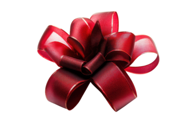 Shiny red star shaped gift bow isolated on transparent background. Red gift ribbon bow isolated on white background.