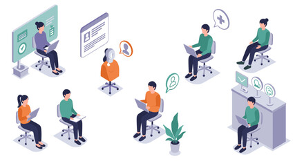 Isometric workspace with remote team collaboration and virtual communication elements