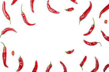 Red chili peppers scattered in a circular pattern isolated on transparent background. Red hot chili pepper isolated on white background.