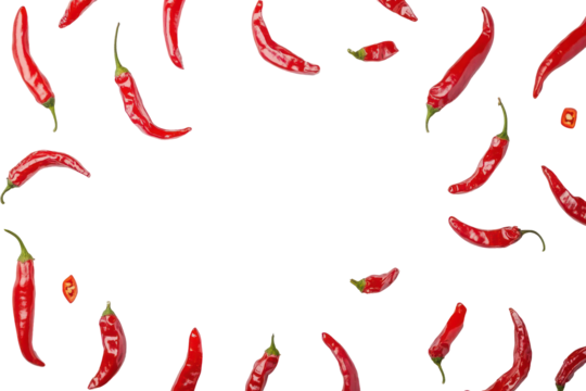 Red chili peppers scattered in a circular pattern isolated on transparent background. Red hot chili pepper isolated on white background.