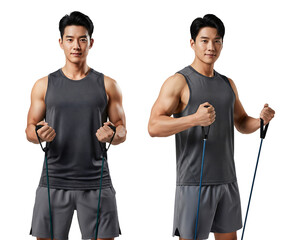 Man training with resistance bands, resistance band workout poses, resistance fitness exercise, resistance training, Isolated on transparent background, png