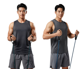 Man training with resistance bands, resistance band workout poses, resistance fitness exercise, resistance training, Isolated on transparent background, png