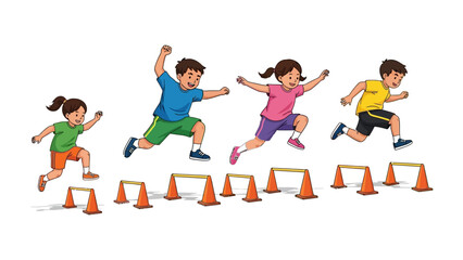 Kids Running Hurdles: Vibrant illustration captures kids sprinting with enthusiasm. overcoming obstacles during an exercise, promoting a sense of accomplishment and healthy competition.