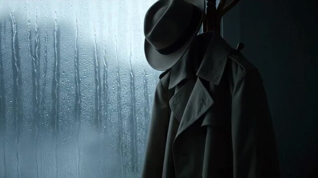 A classic trench coat and fedora hat hang by a rainy window on a dark day.