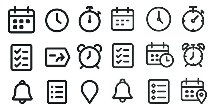 Time management line icons set – clocks, calendars, schedule planning tools