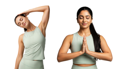 Yoga women in mint activewear, yoga meditation stretch poses, yoga calm wellness practice, yoga mindfulness, Isolated on transparent background, png