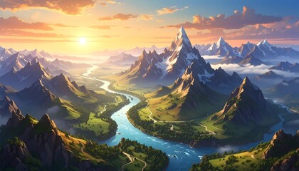 Naklejka premium grand mountain peaks winding river sunset