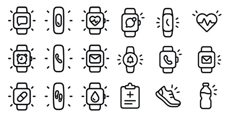 Smartwatch fitness icons set – outline, linear, health and activity tracking symbols