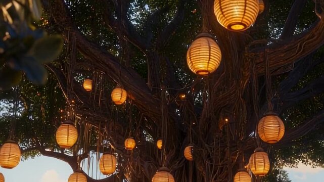 Glowing paper lanterns hang from the gnarled branches of a massive, ancient tree