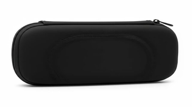 A black, zippered, hard-shell case with a subtle oval indentation on its side