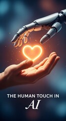 "The Human Touch In AI" Human hand receiving glowing heart from a robot hand