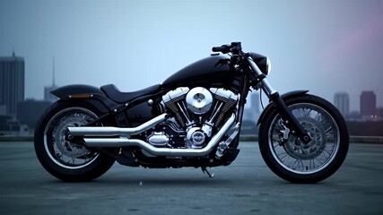 Sleek, black motorcycle with polished chrome engine against a cityscape backdrop - Powered by Adobe