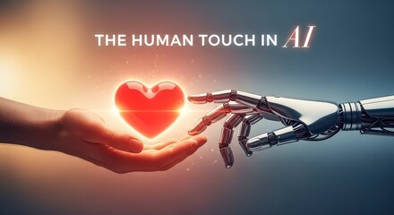 ""The Human Touch In AI" Human hand sharing glowing heart with robotic AI hand