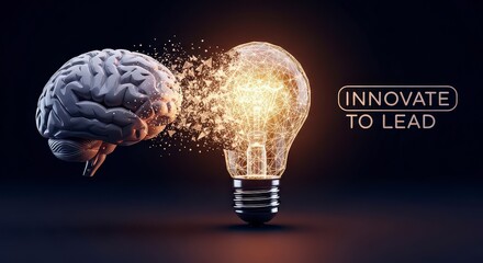 "Innovate The Lead" A glowing lightbulb emerging from a brain representing an idea