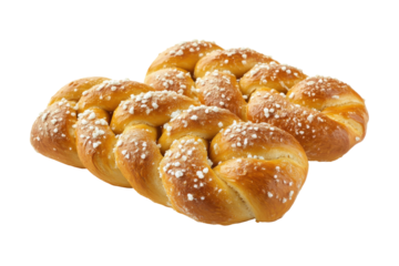 Golden braided challah bread rolls with sugar crystals isolated on transparent background. Salted pretzels isolated on white background.