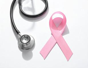 Pink ribbon placed beside stethoscope on white background