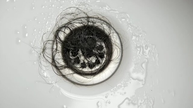 Loose hair tangled on bathroom drain, Clogged hair in the drain hole on a metal mesh. Clogged pipes, Personal hygiene or hair loss issues concept	