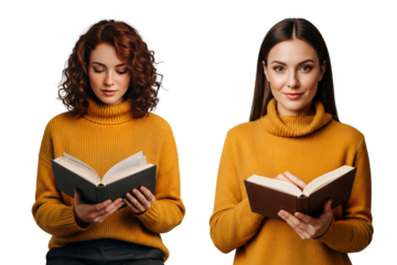 Women reading books in mustard sweater, reading book portrait, reading cozy study, reading books, Isolated on transparent background, png