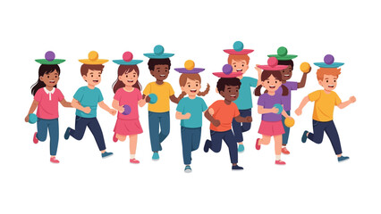 Harmony in Play: A vibrant scene of diverse kids running while balancing the object on their heads, full of energy, laughter and teamwork © Rahimatul