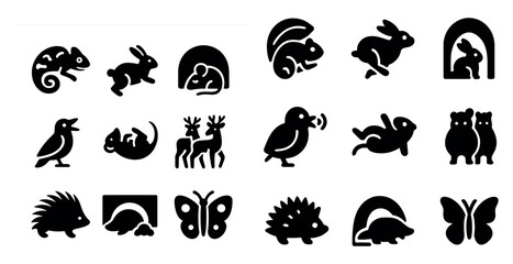 Fototapeta premium Animal solid icons set – filled, silhouette, wildlife and nature symbols