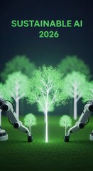"Sustainable AI 2026" Artificial Trees with Robot Arms in Futuristic Setting
