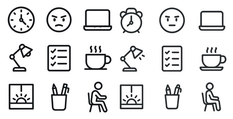 Productivity and work outline icons set – linear, flat, office tools and efficiency symbols