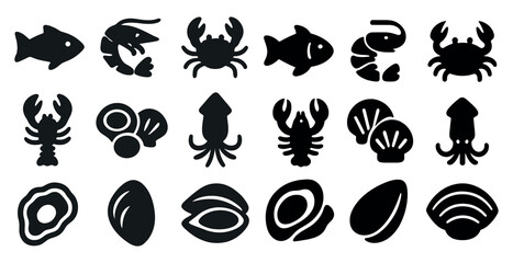 Obraz premium Seafood silhouette icons set – marine, ocean, aquatic symbols for culinary projects