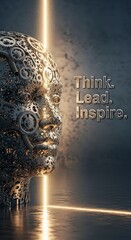 "Think, Lead, Inspire" Metallic Cyborg Face Displaying Thoughtful Expression In Detail