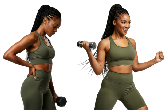 Fitness woman lifting dumbbell in olive set, fitness strength training model, fitness workout athlete, fitness dumbbell, Isolated on transparent background, png