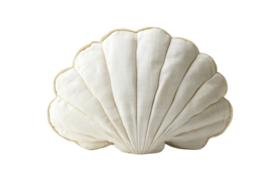 White scallop shell isolated on transparent background. Seashell shaped decorative pillow isolated on white background.