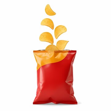 Crispy potato chips flying out of a half-open red bag isolated on white background, perfect for snack food marketing and packaging design