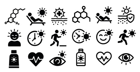 Healthcare and sun protection outline icons set – wellness, medical, safety symbols