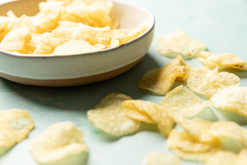 Salty potato chips crisps in a bowl 
