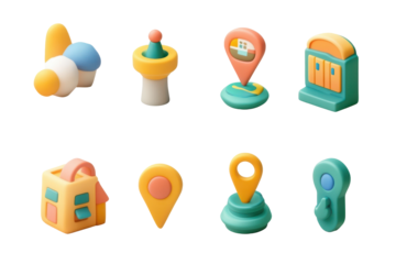 Collection of colorful location pin icons isolated on transparent background. Set of cartoon location pin isolated on white background, 3d rendering.
