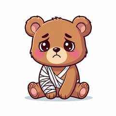 Obraz premium Adorable Sad Cartoon Teddy Bear Injured with Bandages on Arm and Leg Sitting on White Background for Children's Illustrations