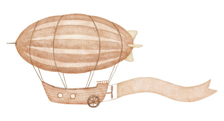 Zeppelin with banner. Watercolor isolated illustration with empty space for text, neutral colors © Elena