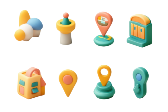 Collection of colorful location pin icons isolated on transparent background. Set of cartoon location pin isolated on white background, 3d rendering. - Powered by Adobe